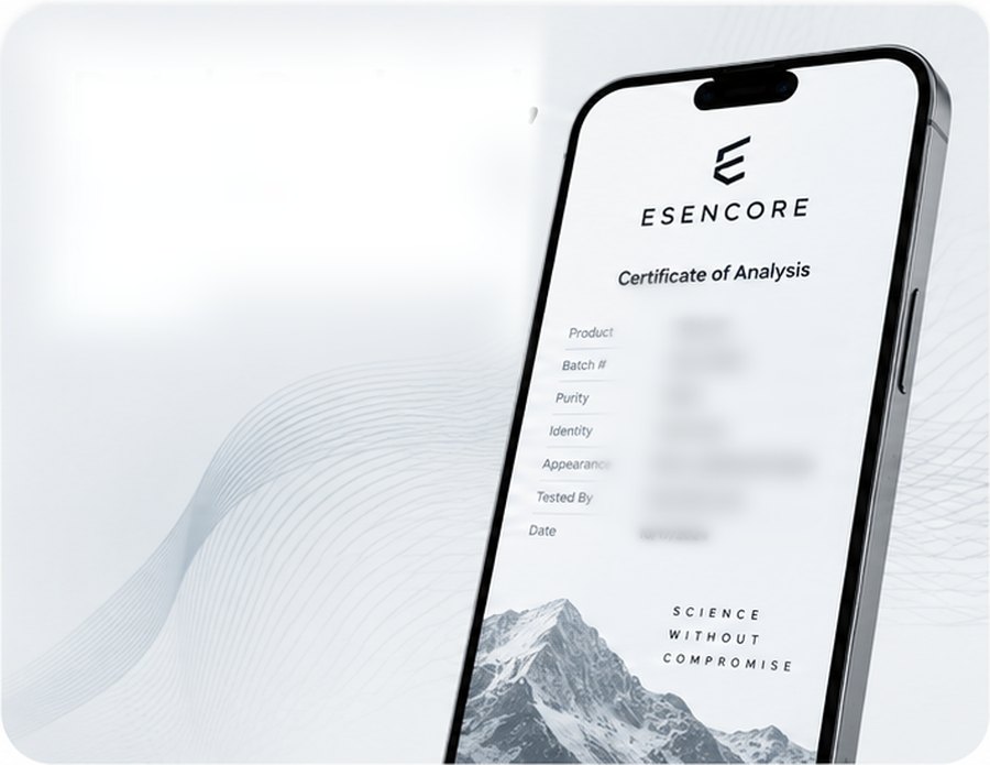 A phone displaying an Esencore certificate of analysis; the result values are out of focus.