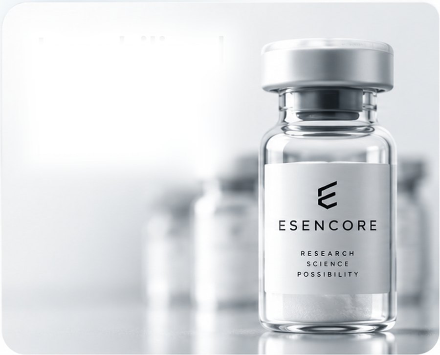 An Esencore-labelled lyophilized vial on a light surface, with further vials behind it.