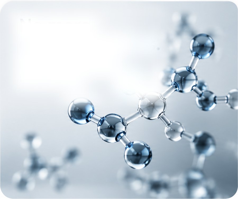 A rendered molecular model in cool blues against a pale background.